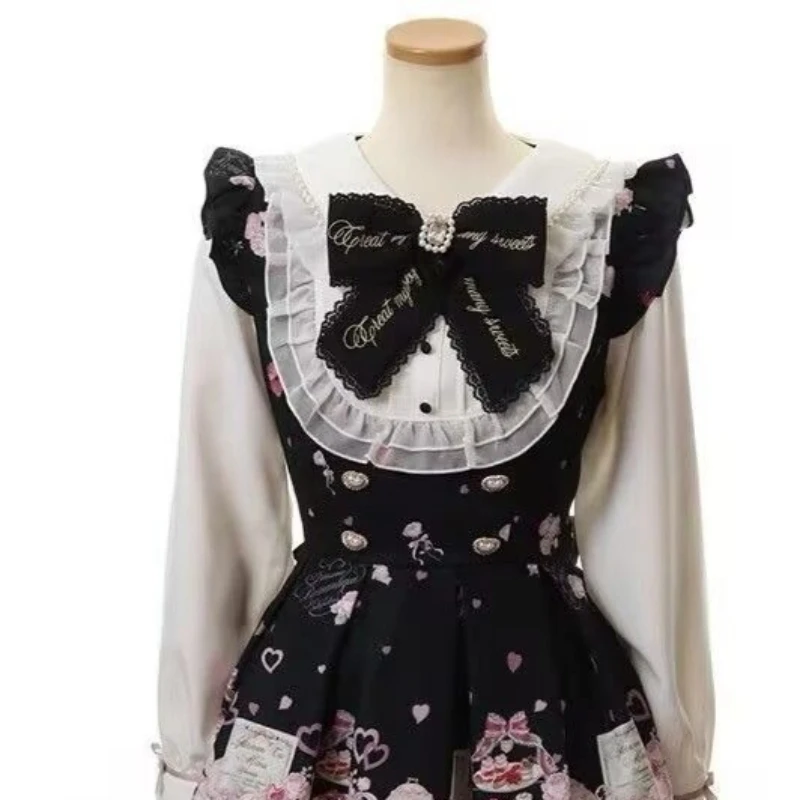 Japanese Kawaii Rhinestone Bow Dress Set Women Sweet Cute Lolita Style Lace Pearl Print Shirt Dresses Gothic Y2k Tea Party Dress