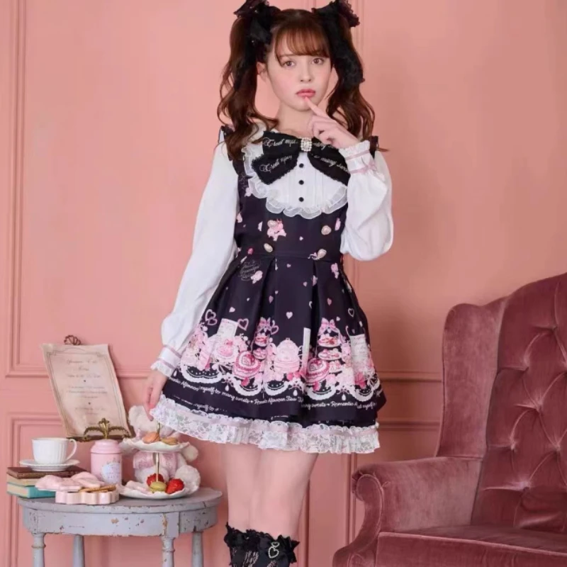 Japanese Kawaii Rhinestone Bow Dress Set Women Sweet Cute Lolita Style Lace Pearl Print Shirt Dresses Gothic Y2k Tea Party Dress