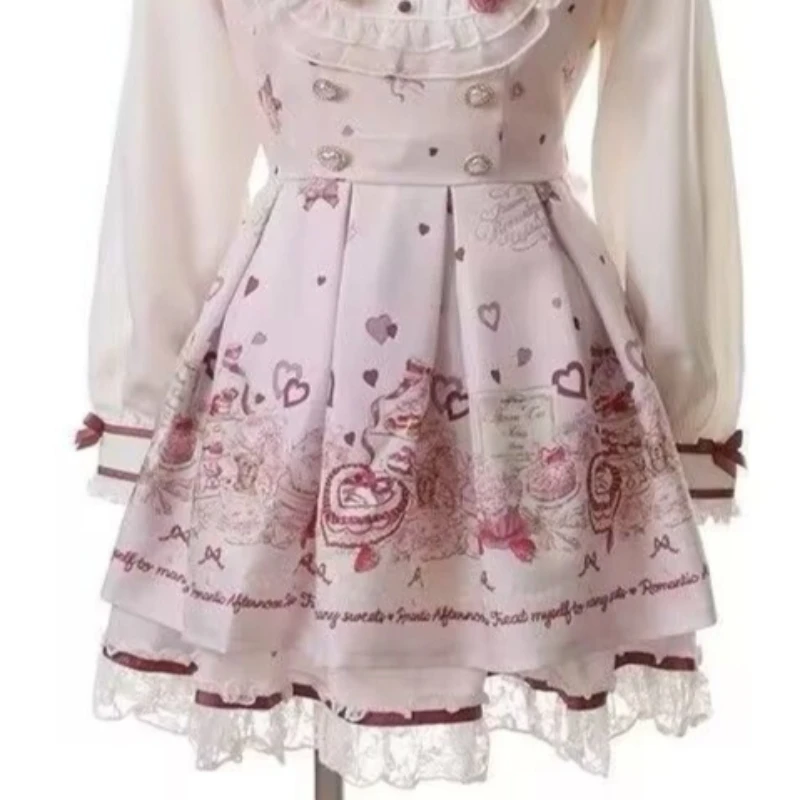 Japanese Kawaii Rhinestone Bow Dress Set Women Sweet Cute Lolita Style Lace Pearl Print Shirt Dresses Gothic Y2k Tea Party Dress