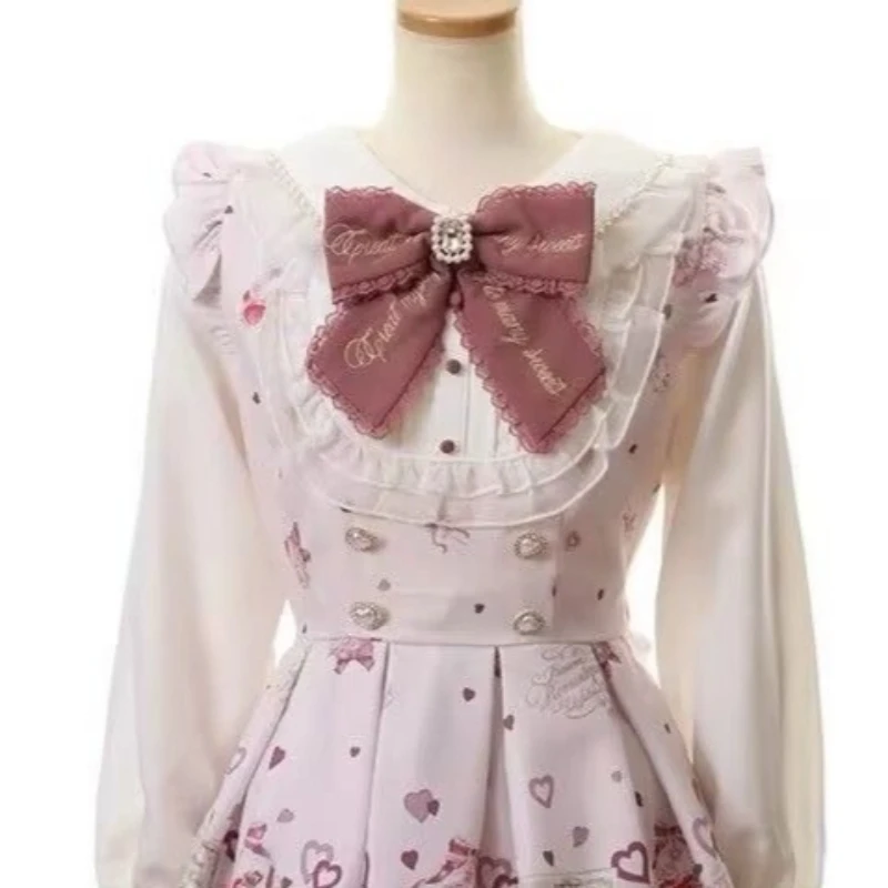 Japanese Kawaii Rhinestone Bow Dress Set Women Sweet Cute Lolita Style Lace Pearl Print Shirt Dresses Gothic Y2k Tea Party Dress