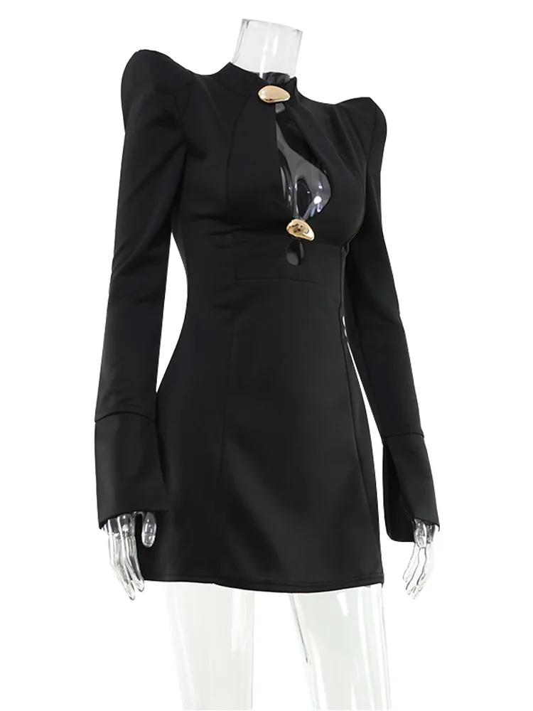 CNYISHE Metal Buckle Hollow Out Women Dresses Autum Fashion Solid O Neck Sheath Long Sleeve Sexy Club Female Bodycon Chic Robes