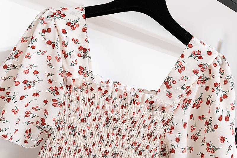 Spring Summer Chiffon Dress Women Midi DressesFemale Short Sleeve Elastic Waist Printed Floral Pleated Backless Casual Dress