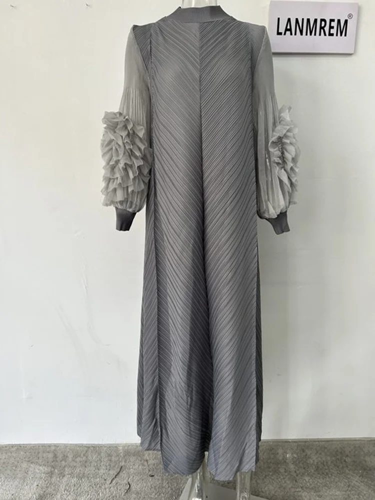 LANMREM Maxi Pleated Dress Round Neck Spliced Fungus Full Sleeve Dresses For Women 2025 New Spring Clothing 2Qa1331