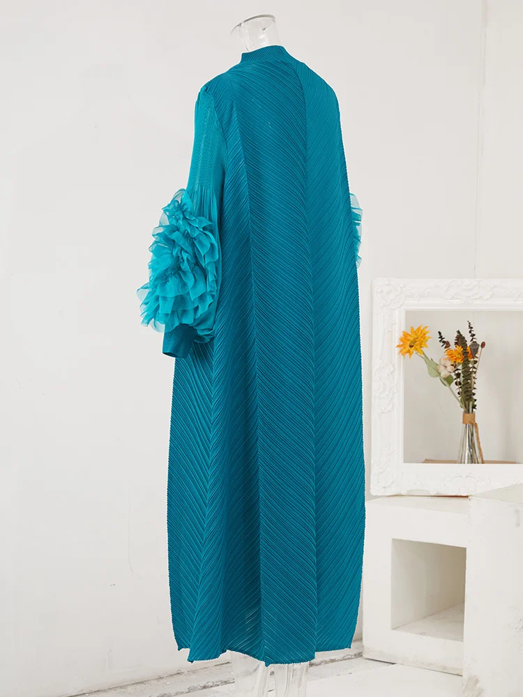 LANMREM Maxi Pleated Dress Round Neck Spliced Fungus Full Sleeve Dresses For Women 2025 New Spring Clothing 2Qa1331