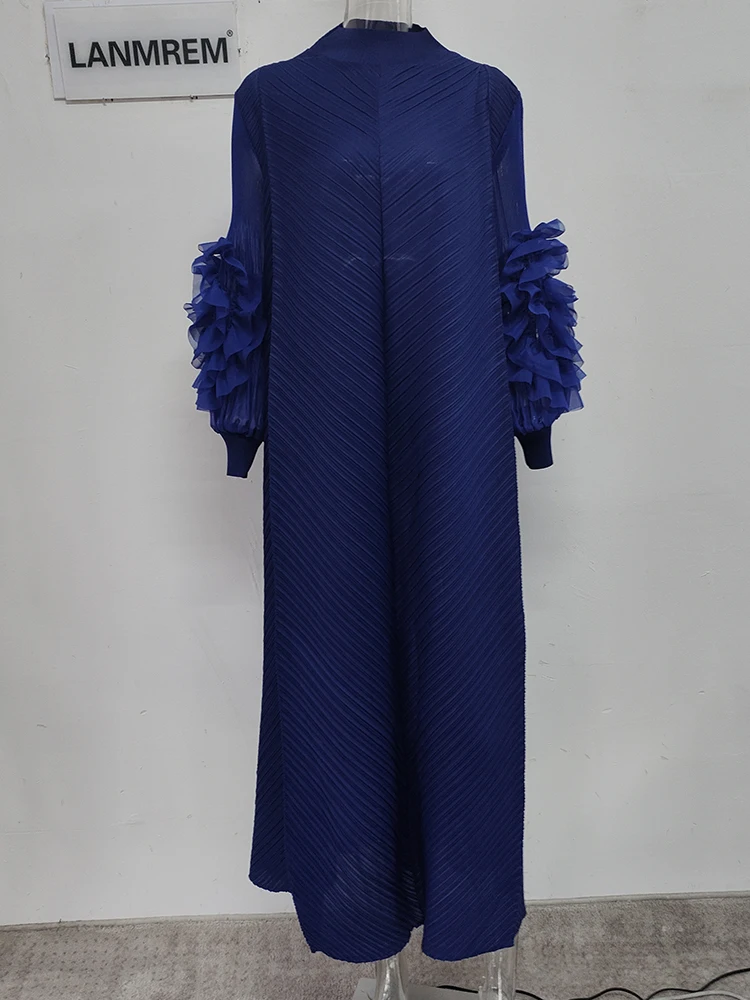 LANMREM Maxi Pleated Dress Round Neck Spliced Fungus Full Sleeve Dresses For Women 2025 New Spring Clothing 2Qa1331