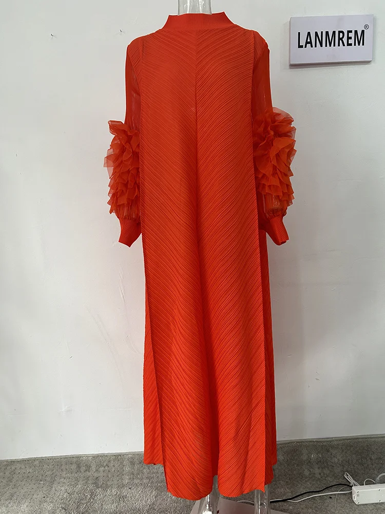 LANMREM Maxi Pleated Dress Round Neck Spliced Fungus Full Sleeve Dresses For Women 2025 New Spring Clothing 2Qa1331