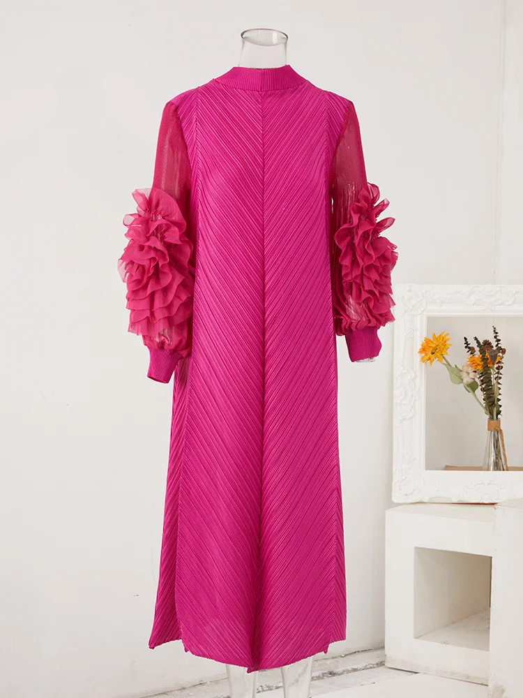 LANMREM Maxi Pleated Dress Round Neck Spliced Fungus Full Sleeve Dresses For Women 2025 New Spring Clothing 2Qa1331
