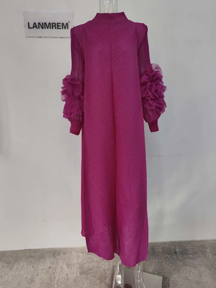 LANMREM Maxi Pleated Dress Round Neck Spliced Fungus Full Sleeve Dresses For Women 2025 New Spring Clothing 2Qa1331