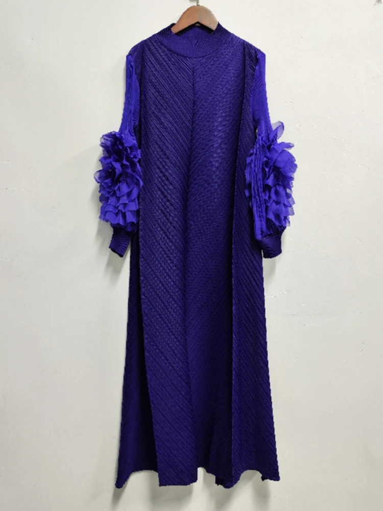LANMREM Maxi Pleated Dress Round Neck Spliced Fungus Full Sleeve Dresses For Women 2025 New Spring Clothing 2Qa1331