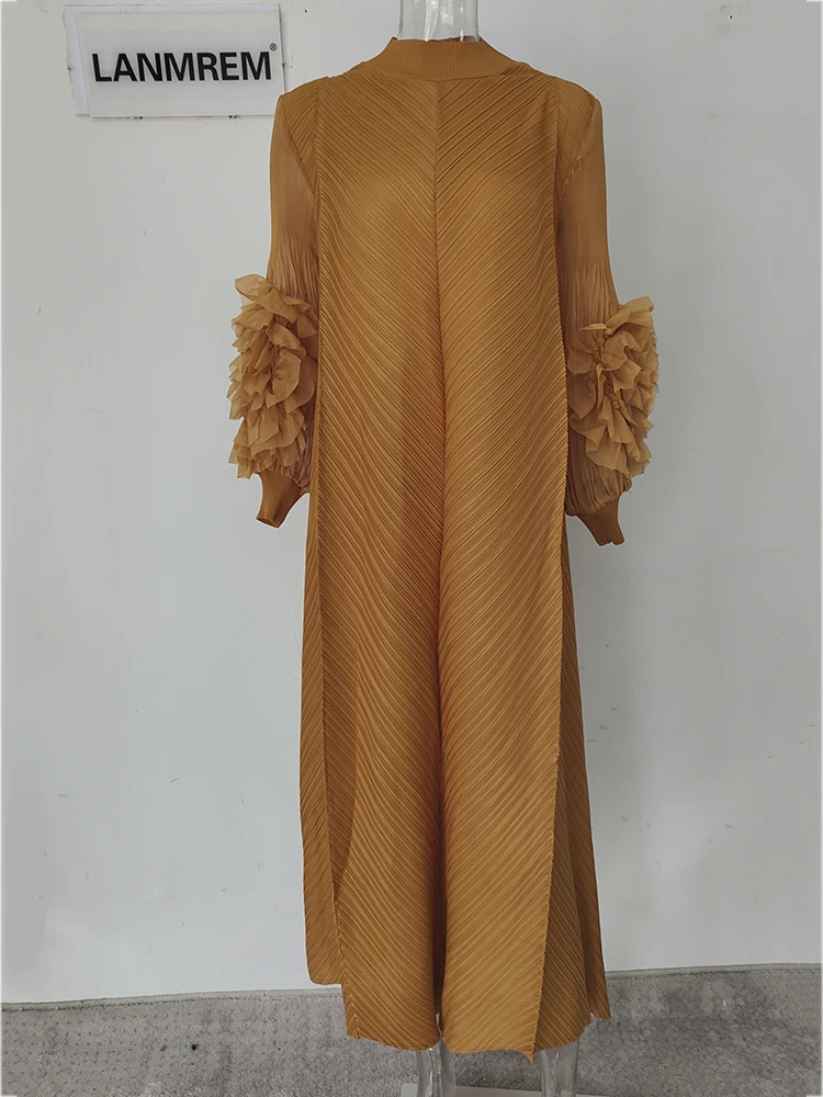 LANMREM Maxi Pleated Dress Round Neck Spliced Fungus Full Sleeve Dresses For Women 2025 New Spring Clothing 2Qa1331