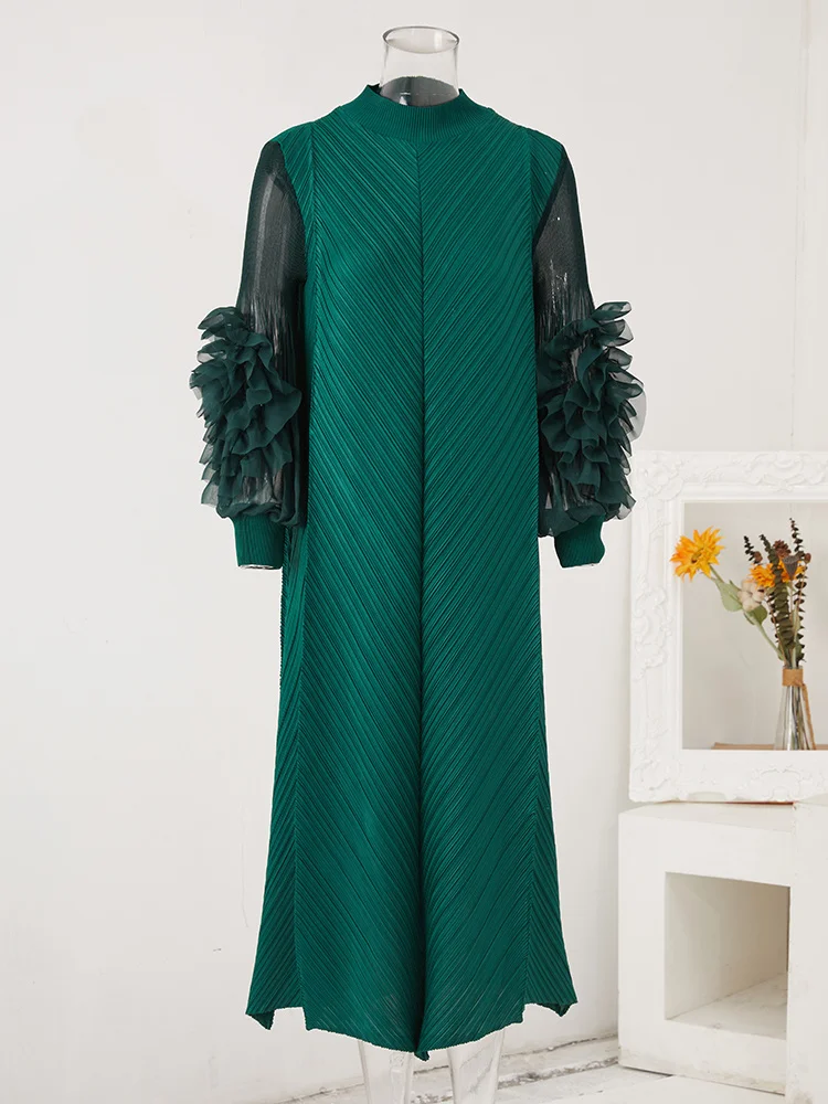 LANMREM Maxi Pleated Dress Round Neck Spliced Fungus Full Sleeve Dresses For Women 2025 New Spring Clothing 2Qa1331