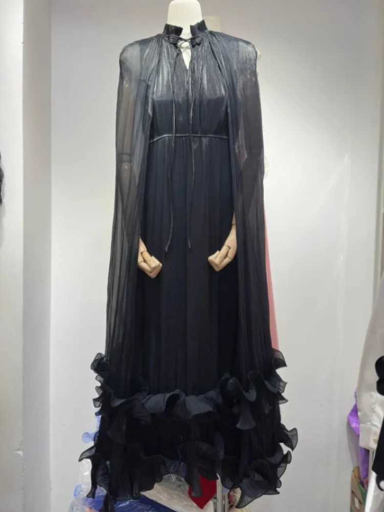 SHENGPALAE Commuting Style V-neck Cape Style Black Fungus Edge Double-layer Hem Dresses For Women 2026 Autumn New