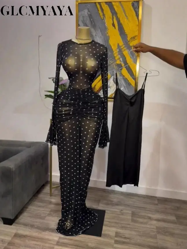 CM.YAYA Women Long Sleeve Stacked Mesh See Though with Lining Bodycon Long Dress 2025 Autumn Evening Birthday Sexy Party Dresses