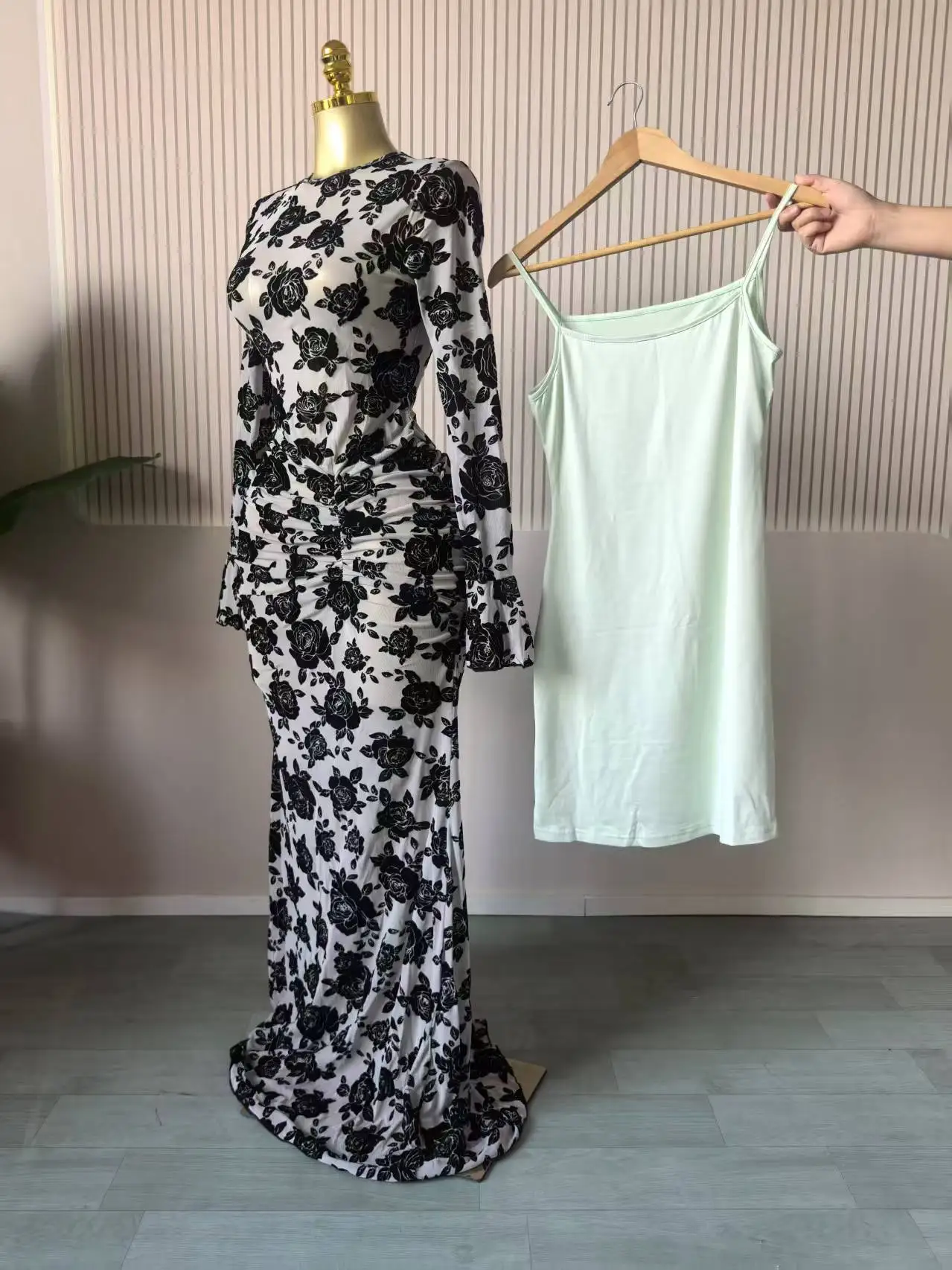 CM.YAYA Women Long Sleeve Stacked Mesh See Though with Lining Bodycon Long Dress 2025 Autumn Evening Birthday Sexy Party Dresses