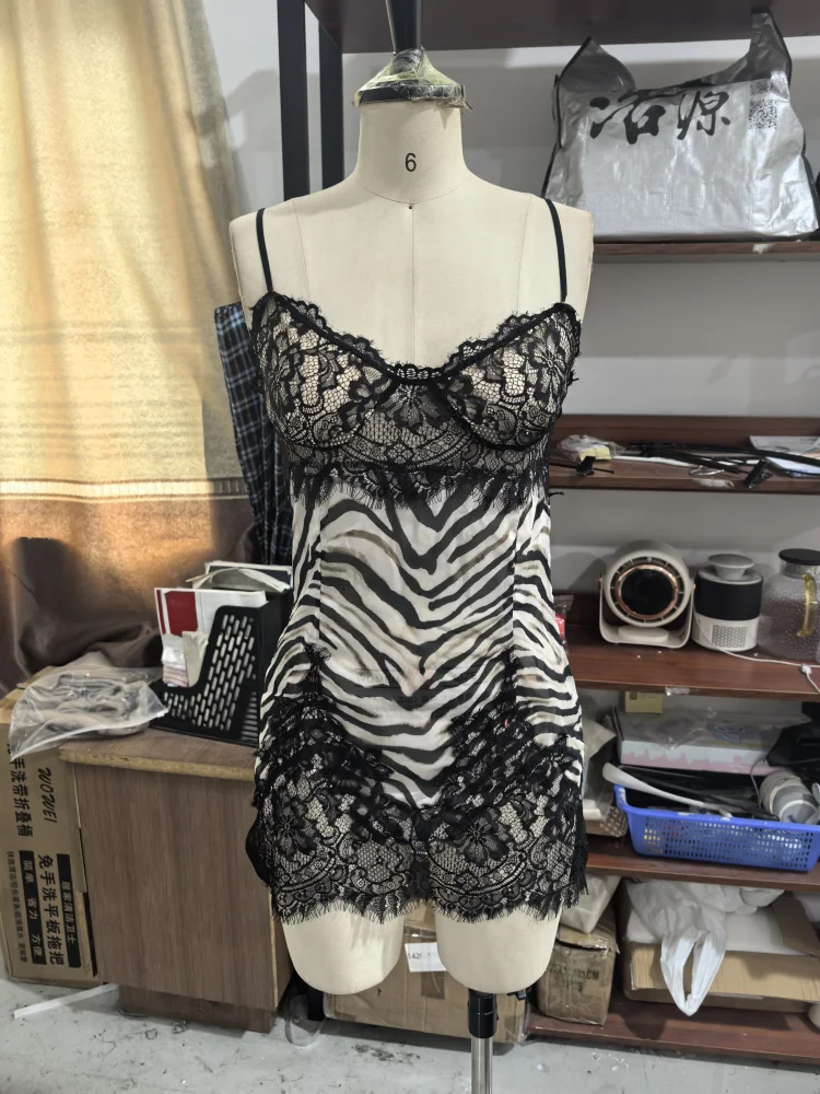 Zebra Print Lace Cami Mini Dress Women Sexy Spaghetti Strap V Neck Bodycon Short Vestido Summer Date Vacation Beach Outfits 2026