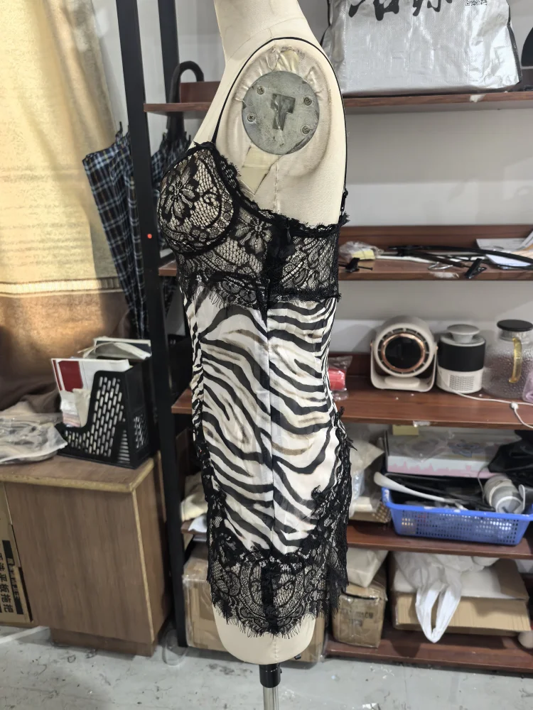 Zebra Print Lace Cami Mini Dress Women Sexy Spaghetti Strap V Neck Bodycon Short Vestido Summer Date Vacation Beach Outfits 2026