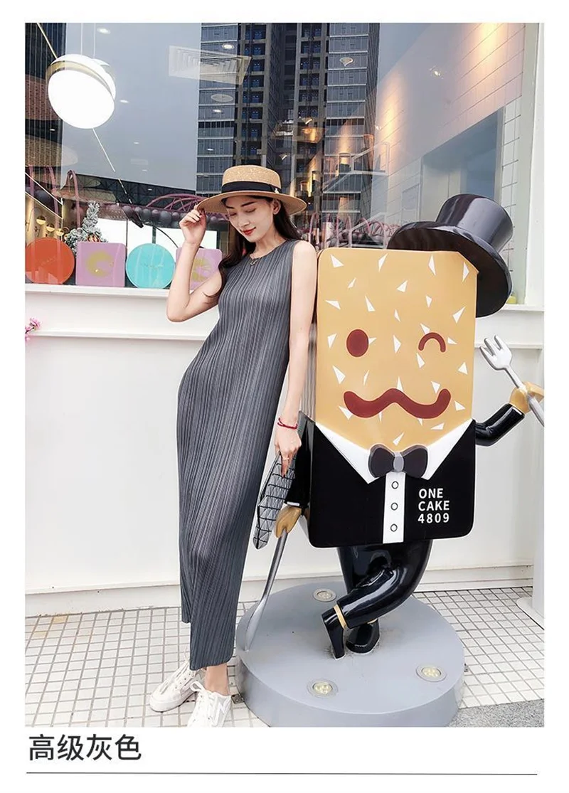 Miyake Pleated Dress Spring Summer Fashion Women Sleeveless Vest Dress High Elastic Slim Long Vestidos Female Strap Dresses