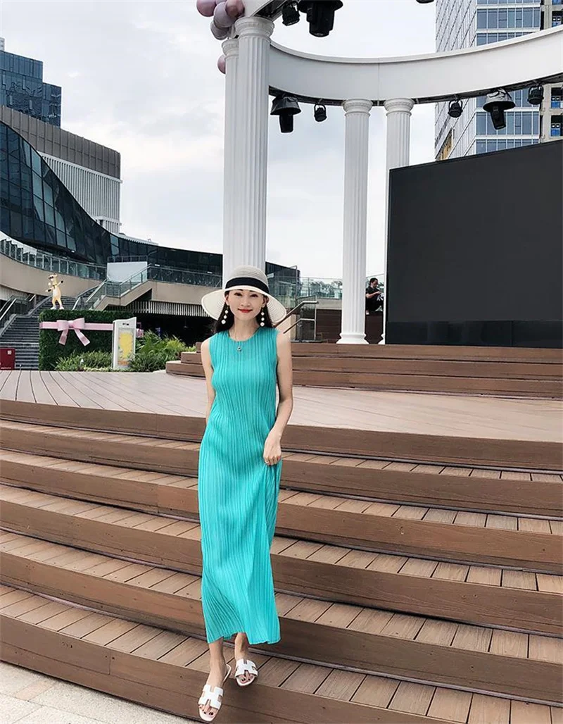 Miyake Pleated Dress Spring Summer Fashion Women Sleeveless Vest Dress High Elastic Slim Long Vestidos Female Strap Dresses