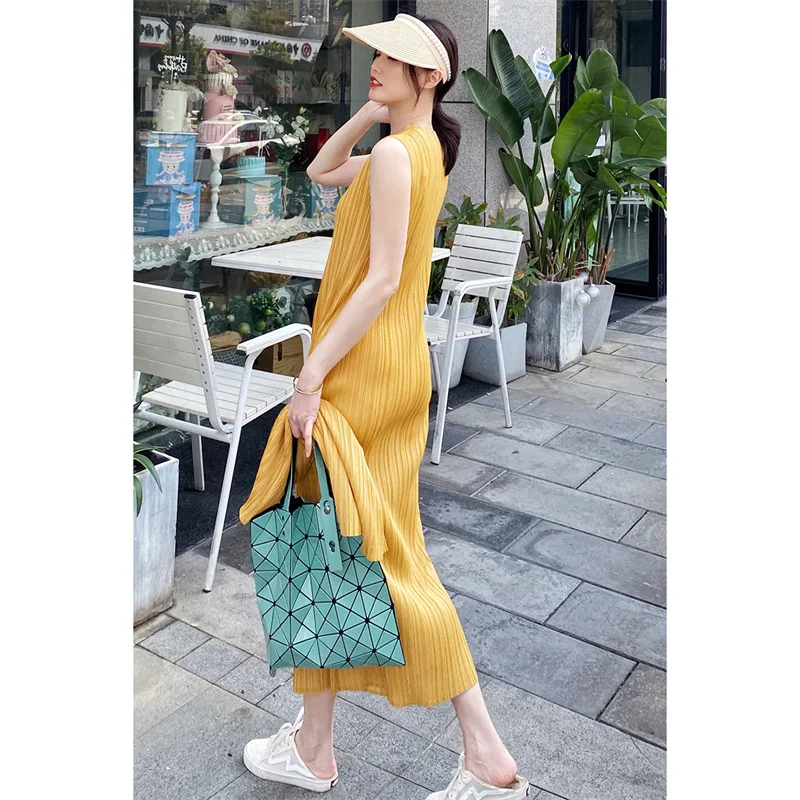 Miyake Pleated Dress Spring Summer Fashion Women Sleeveless Vest Dress High Elastic Slim Long Vestidos Female Strap Dresses