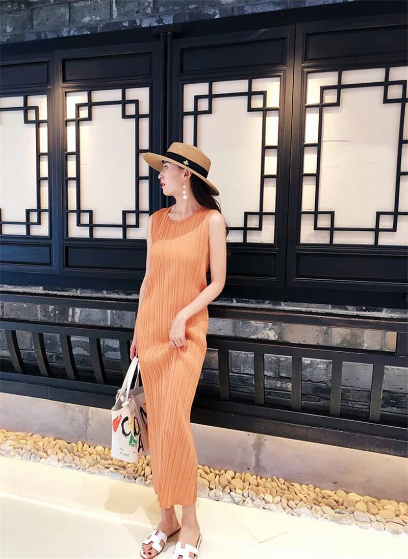 Miyake Pleated Dress Spring Summer Fashion Women Sleeveless Vest Dress High Elastic Slim Long Vestidos Female Strap Dresses