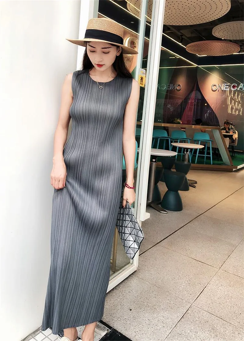 Miyake Pleated Dress Spring Summer Fashion Women Sleeveless Vest Dress High Elastic Slim Long Vestidos Female Strap Dresses