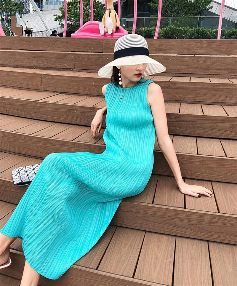 Miyake Pleated Dress Spring Summer Fashion Women Sleeveless Vest Dress High Elastic Slim Long Vestidos Female Strap Dresses