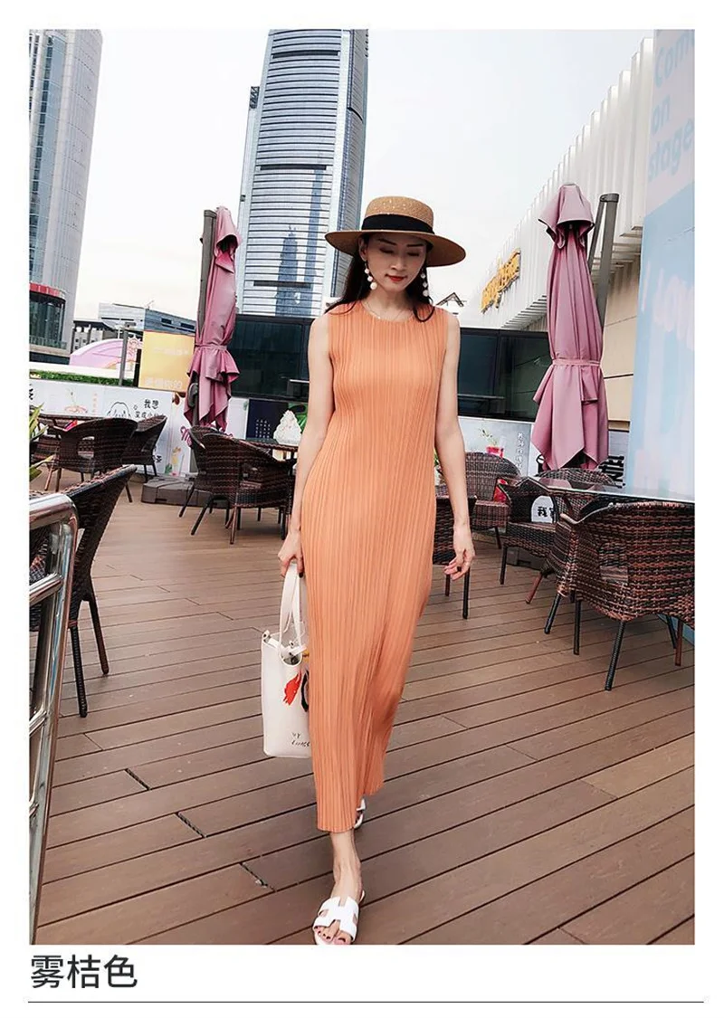 Miyake Pleated Dress Spring Summer Fashion Women Sleeveless Vest Dress High Elastic Slim Long Vestidos Female Strap Dresses