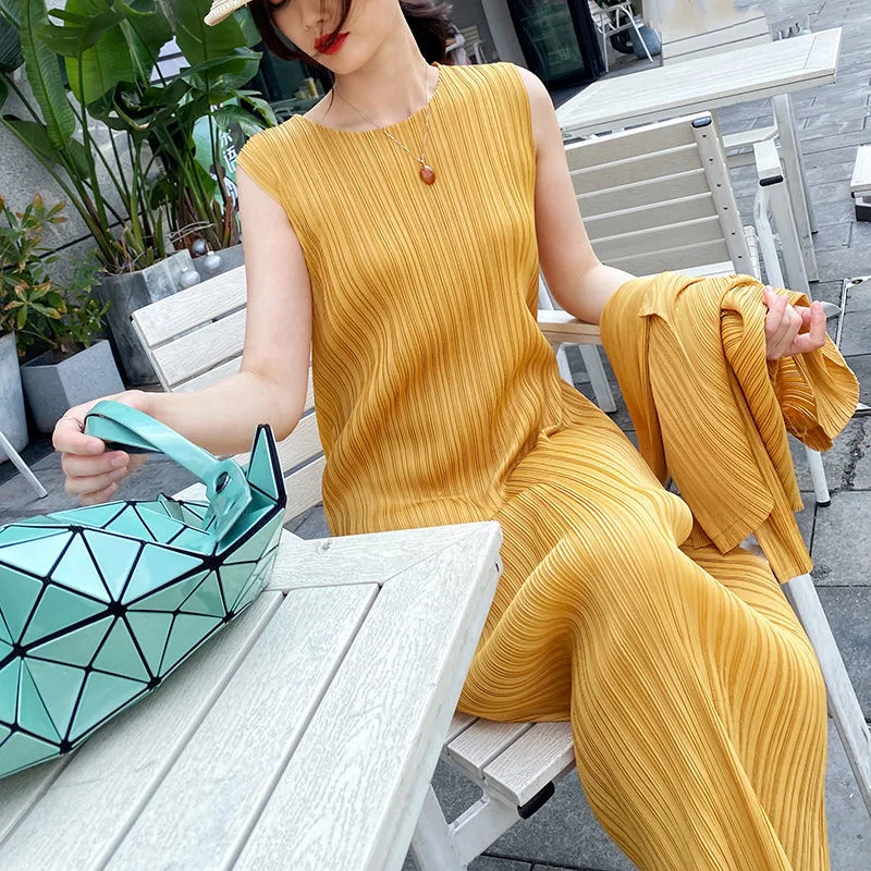 Miyake Pleated Dress Spring Summer Fashion Women Sleeveless Vest Dress High Elastic Slim Long Vestidos Female Strap Dresses