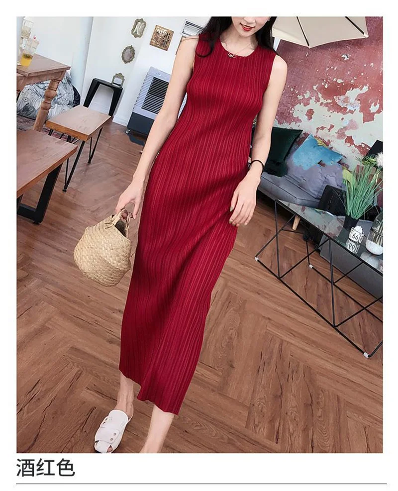Miyake Pleated Dress Spring Summer Fashion Women Sleeveless Vest Dress High Elastic Slim Long Vestidos Female Strap Dresses