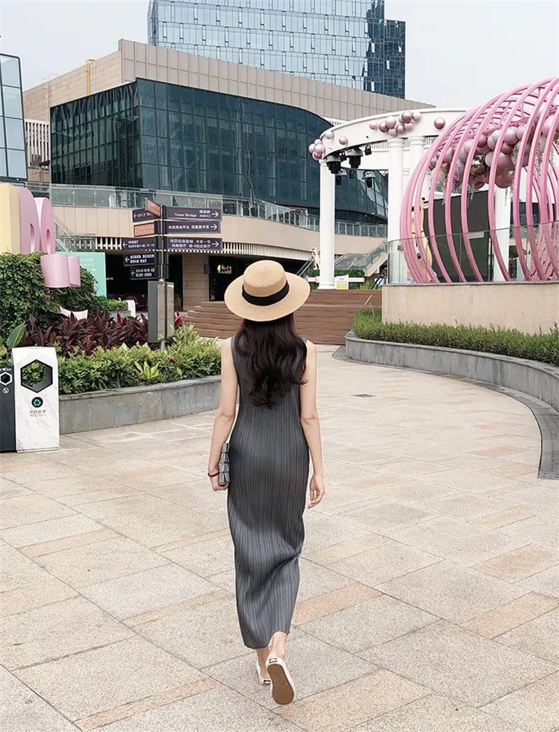 Miyake Pleated Dress Spring Summer Fashion Women Sleeveless Vest Dress High Elastic Slim Long Vestidos Female Strap Dresses