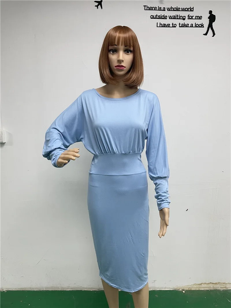 Women Elegant Office Lantern Sleeve Party Dresses Ladies O Neck Bodycon Dress Autumn Winter Solid Midi Dress 2024 Vestidos
