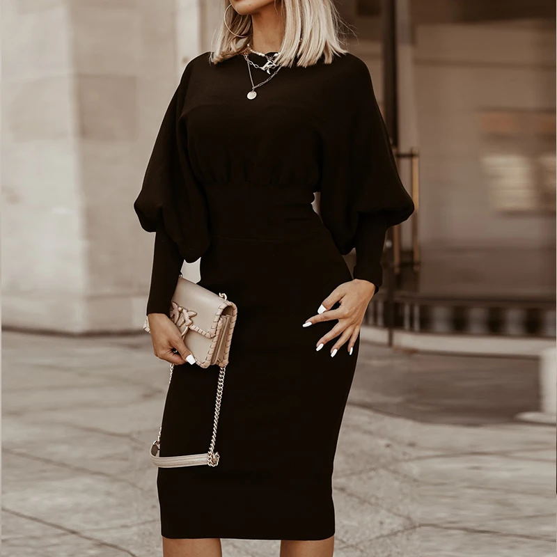 Women Elegant Office Lantern Sleeve Party Dresses Ladies O Neck Bodycon Dress Autumn Winter Solid Midi Dress 2024 Vestidos