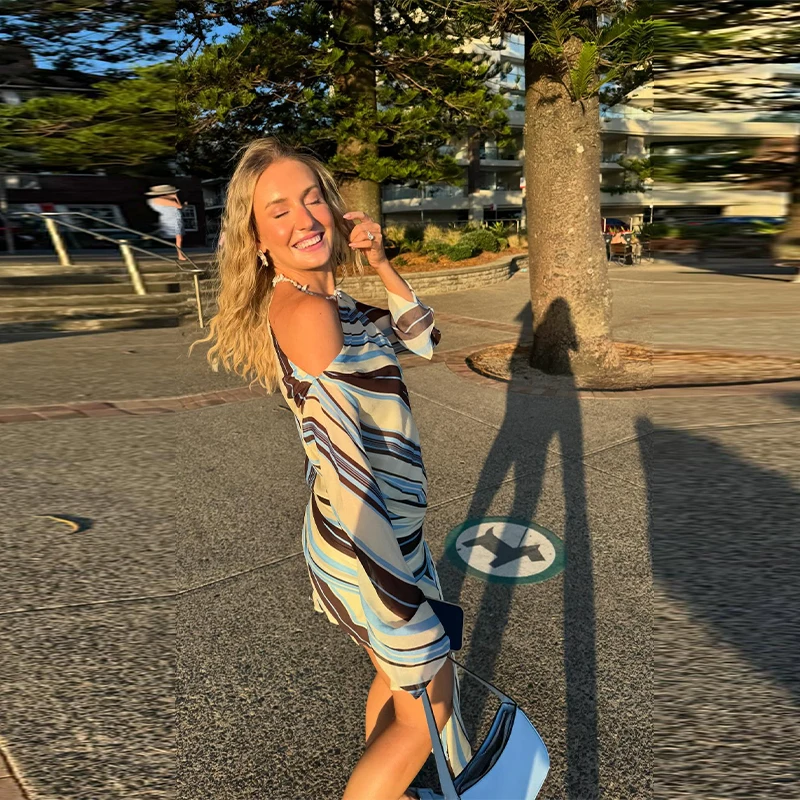 Holiday Women's Dress Skew Collar Full Sleeve Stripe Print Female Short Dresses 2026 Spring New Vacation Beach Fashion Lady Robe