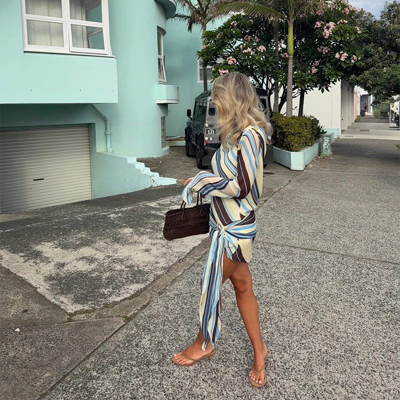 Holiday Women's Dress Skew Collar Full Sleeve Stripe Print Female Short Dresses 2026 Spring New Vacation Beach Fashion Lady Robe