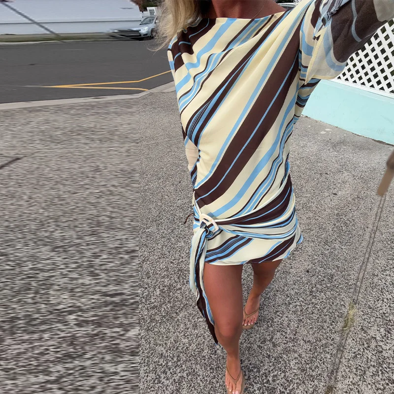 Holiday Women's Dress Skew Collar Full Sleeve Stripe Print Female Short Dresses 2026 Spring New Vacation Beach Fashion Lady Robe