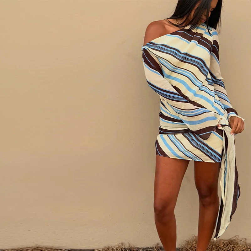 Holiday Women's Dress Skew Collar Full Sleeve Stripe Print Female Short Dresses 2026 Spring New Vacation Beach Fashion Lady Robe