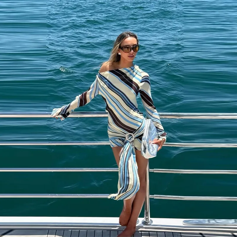 Holiday Women's Dress Skew Collar Full Sleeve Stripe Print Female Short Dresses 2026 Spring New Vacation Beach Fashion Lady Robe
