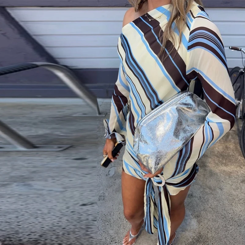 Holiday Women's Dress Skew Collar Full Sleeve Stripe Print Female Short Dresses 2026 Spring New Vacation Beach Fashion Lady Robe