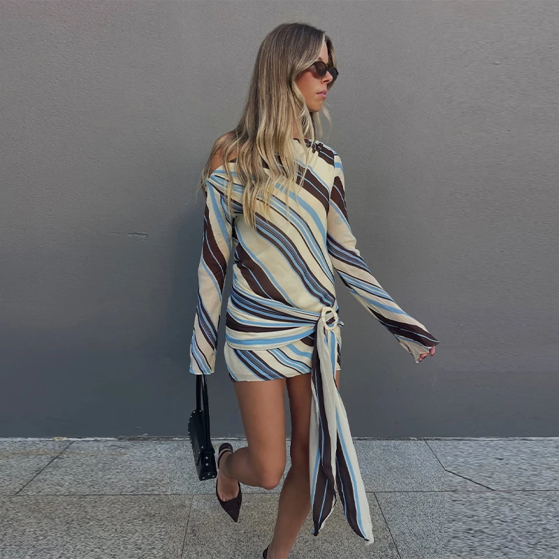 Holiday Women's Dress Skew Collar Full Sleeve Stripe Print Female Short Dresses 2026 Spring New Vacation Beach Fashion Lady Robe