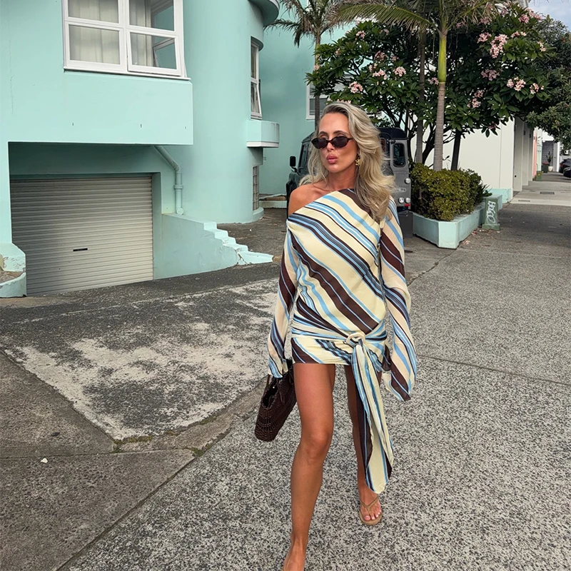 Holiday Women's Dress Skew Collar Full Sleeve Stripe Print Female Short Dresses 2026 Spring New Vacation Beach Fashion Lady Robe