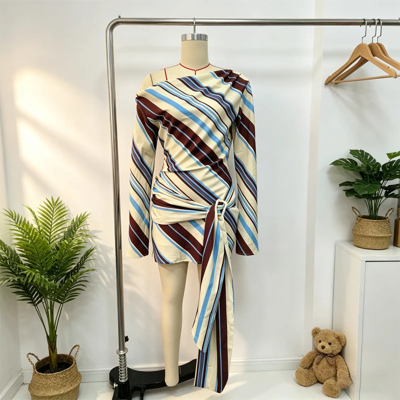 Holiday Women's Dress Skew Collar Full Sleeve Stripe Print Female Short Dresses 2026 Spring New Vacation Beach Fashion Lady Robe