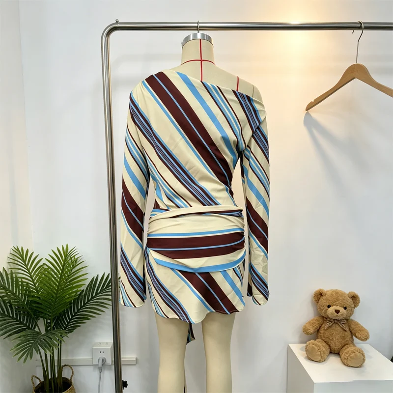Holiday Women's Dress Skew Collar Full Sleeve Stripe Print Female Short Dresses 2026 Spring New Vacation Beach Fashion Lady Robe
