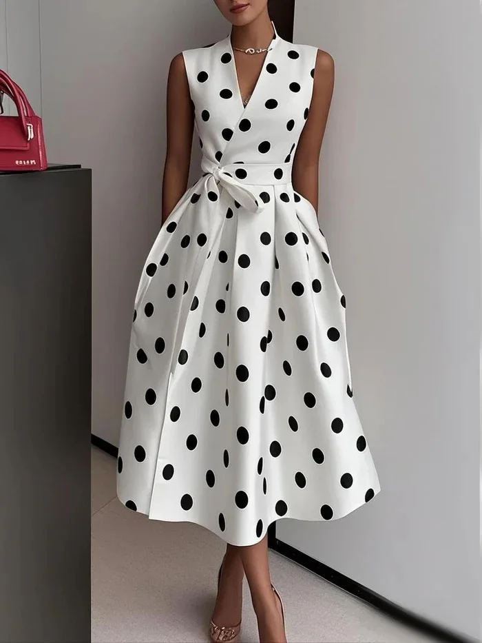 French Polka Dot Dress 2025 Summer Retro New Style Elegant Waist-cinching Dress for Women Sleeveless V-Neck Lace-up Dress