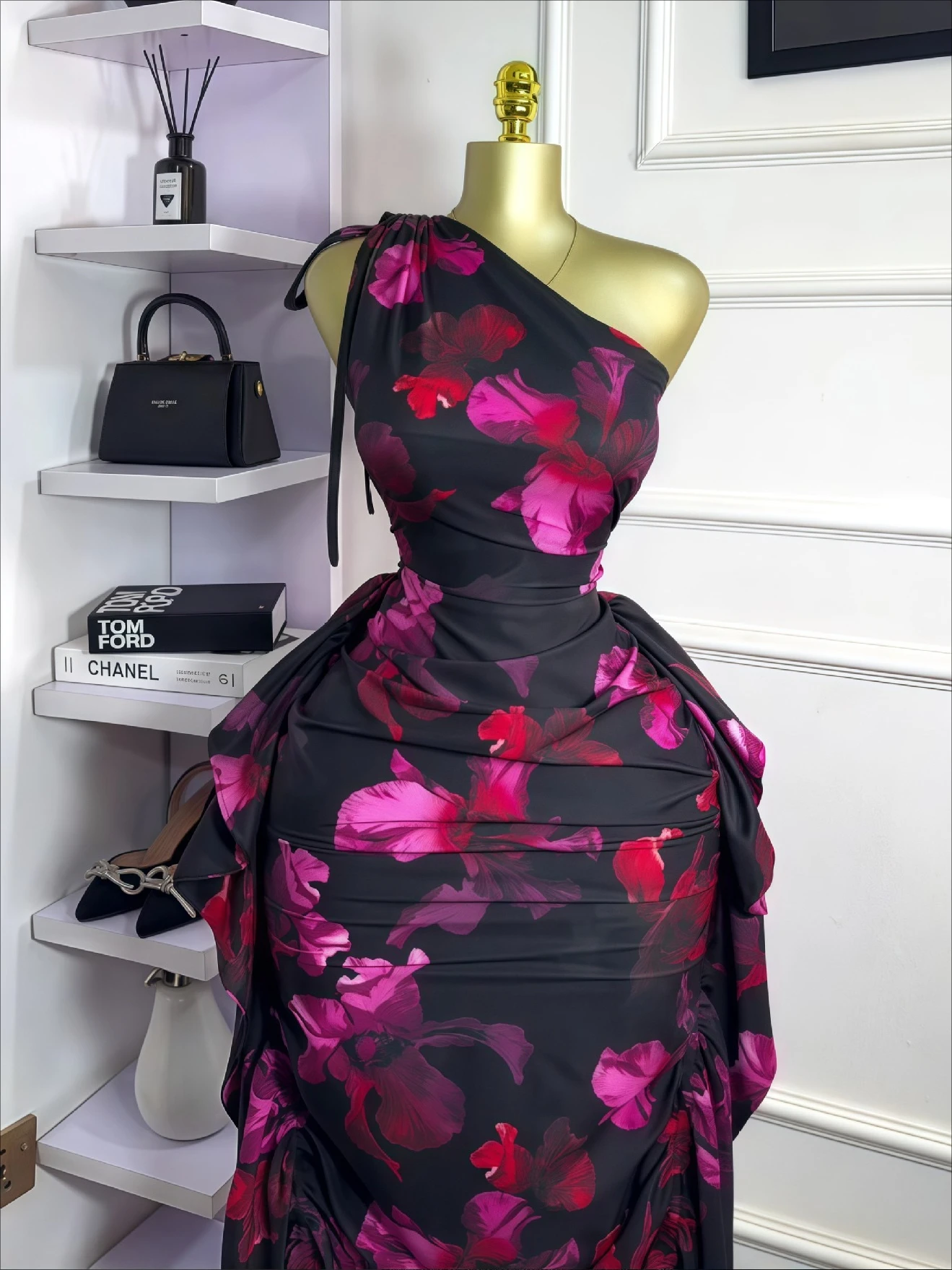 CM.YAYA Women Floral Printed One Shoulder Sleeveless Stacked Ruched Bodycon Midi Maxi Long Dress 2025 Sexy Party Evening Dresses
