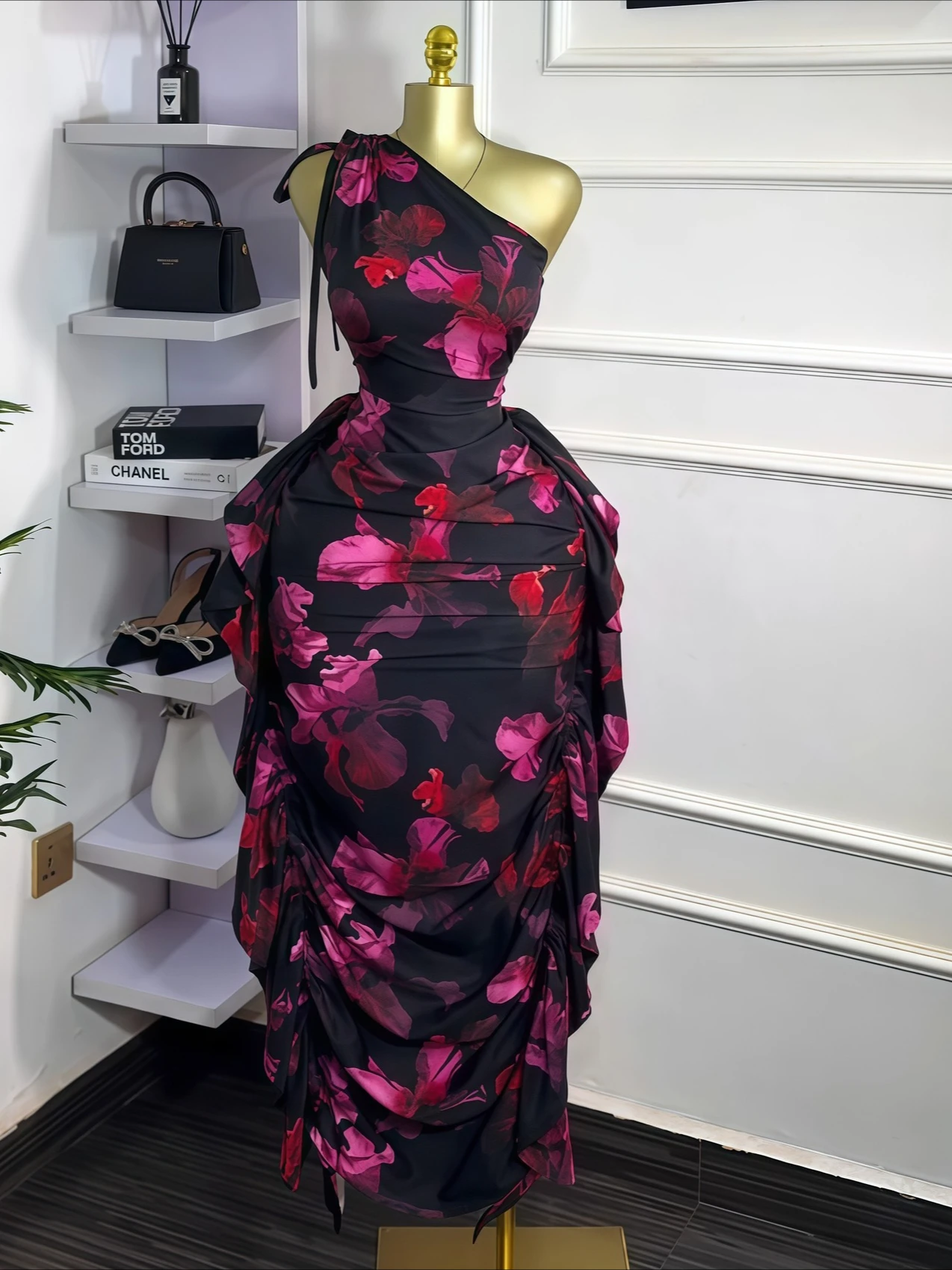 CM.YAYA Women Floral Printed One Shoulder Sleeveless Stacked Ruched Bodycon Midi Maxi Long Dress 2025 Sexy Party Evening Dresses