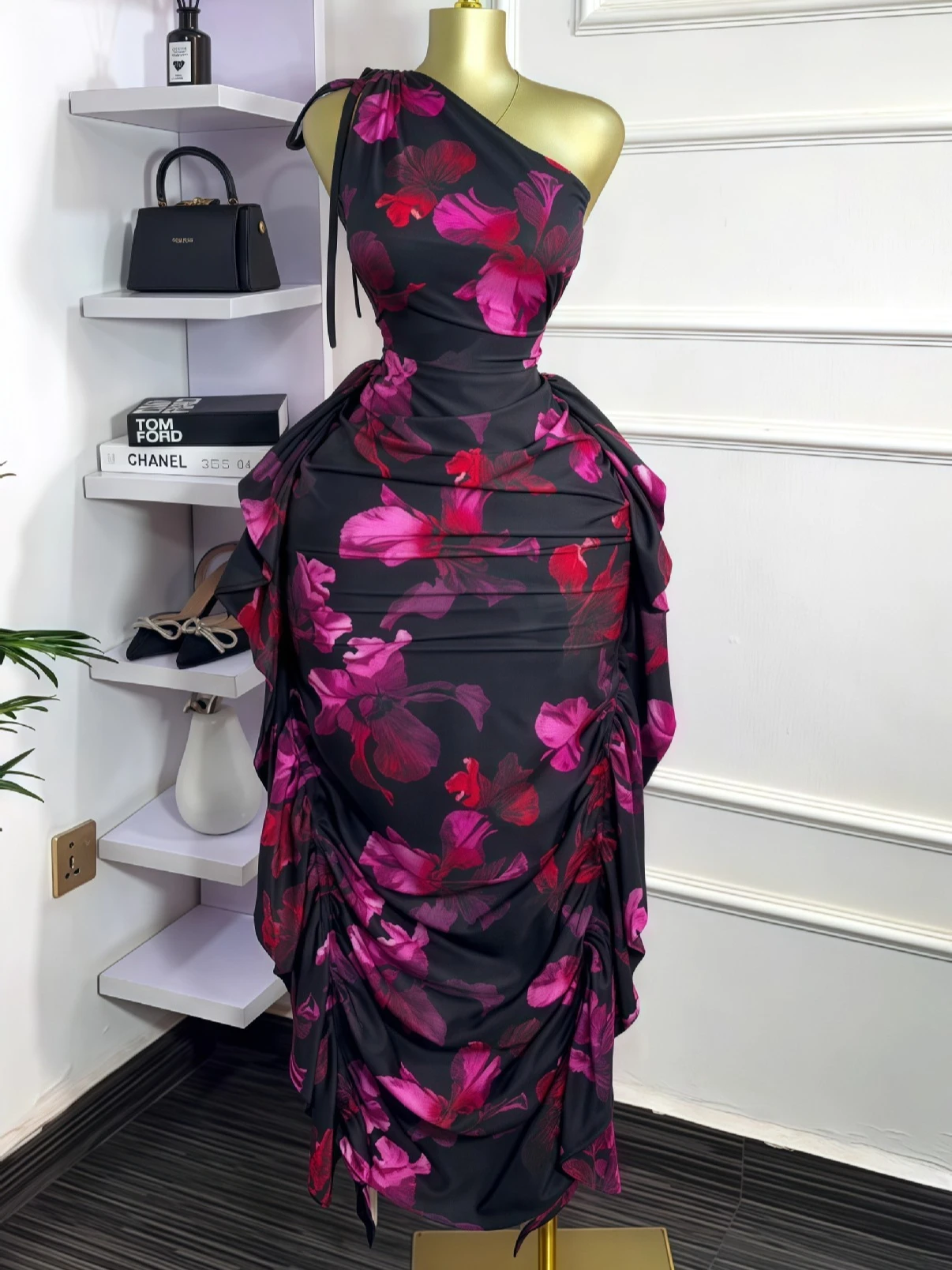 CM.YAYA Women Floral Printed One Shoulder Sleeveless Stacked Ruched Bodycon Midi Maxi Long Dress 2025 Sexy Party Evening Dresses