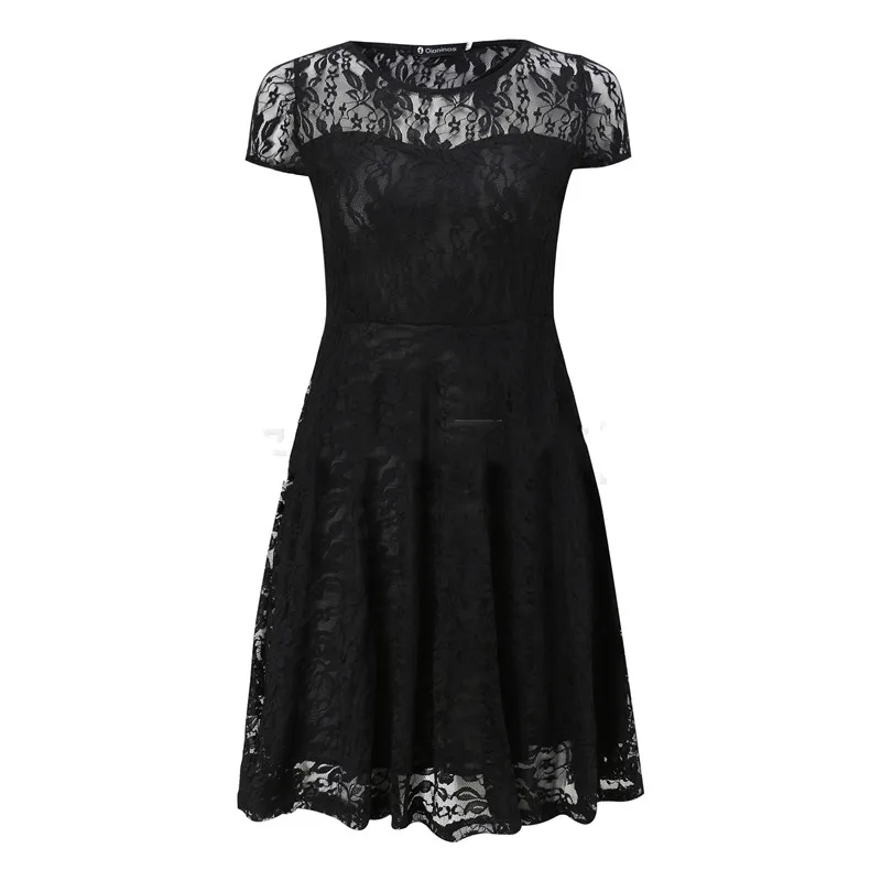 Sexy Women Floral Lace Dress Round Neck Short Sleeve Vintage Lace A-line Dress Patchwork Slim Pleated Swing Cocktail Party Dress