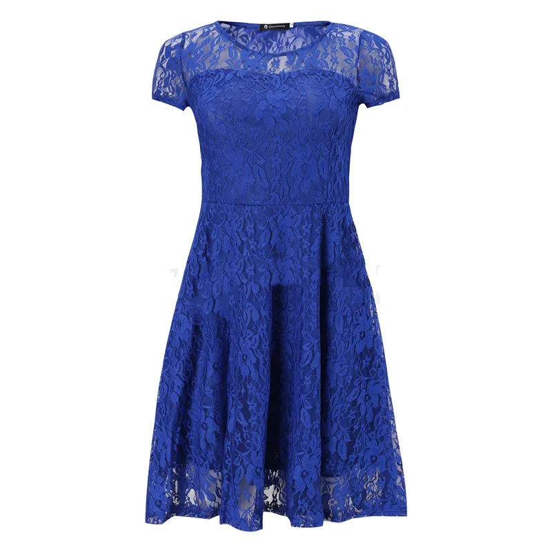 Sexy Women Floral Lace Dress Round Neck Short Sleeve Vintage Lace A-line Dress Patchwork Slim Pleated Swing Cocktail Party Dress