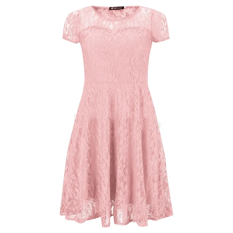Sexy Women Floral Lace Dress Round Neck Short Sleeve Vintage Lace A-line Dress Patchwork Slim Pleated Swing Cocktail Party Dress