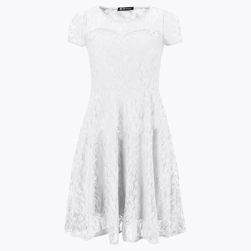 Sexy Women Floral Lace Dress Round Neck Short Sleeve Vintage Lace A-line Dress Patchwork Slim Pleated Swing Cocktail Party Dress